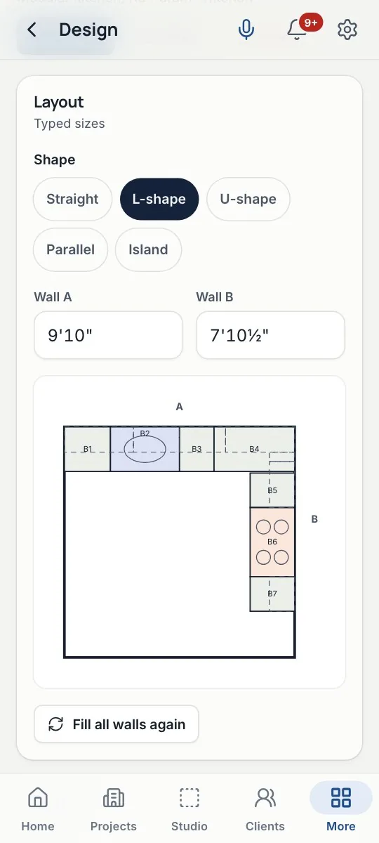 Modular kitchens and wardrobes fitted to the walls of the plan, with a cut list for the carpenter.