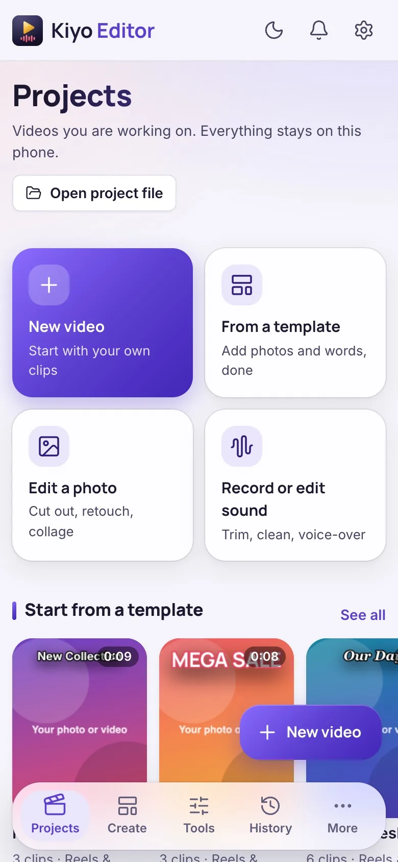 Start a video, use a template, edit a photo or open the audio studio. The sample promotion is saved locally.