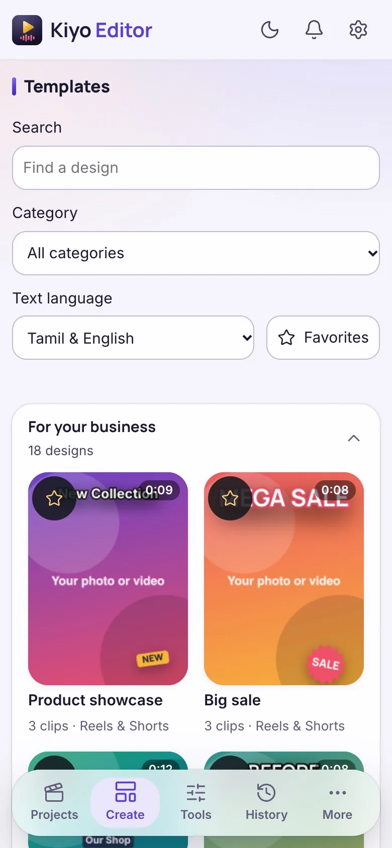 Browse reusable templates by category, with previews, search and favourites for personal videos and business promotions.