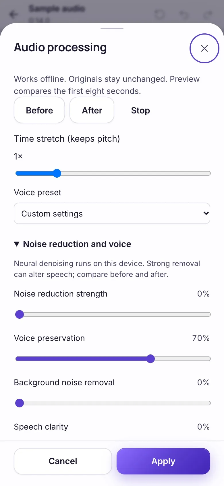 On-device noise and voice controls, presets and audio effects, with a before-and-after listening workflow.