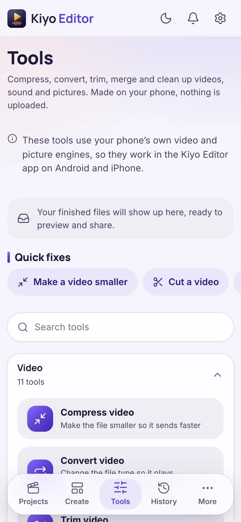 Find video, audio, photo and file tools from one searchable screen.