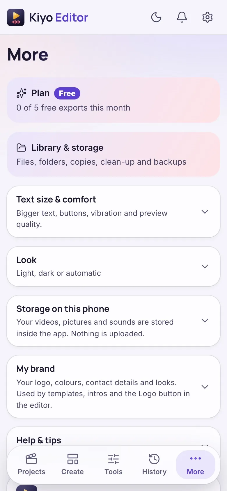 Theme, comfort, local storage, brand settings and help, with the common app header and navigation.