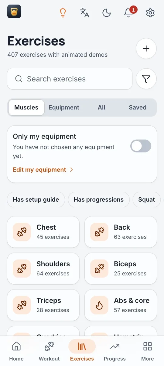 Hundreds of exercises with animated demos, browsed by muscle, equipment or movement.