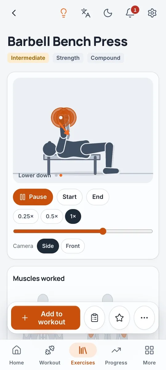 An animated demo with slow motion, the muscles worked, steps and common mistakes.