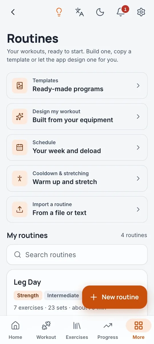 Templates, a workout built from your equipment, and a weekly schedule.
