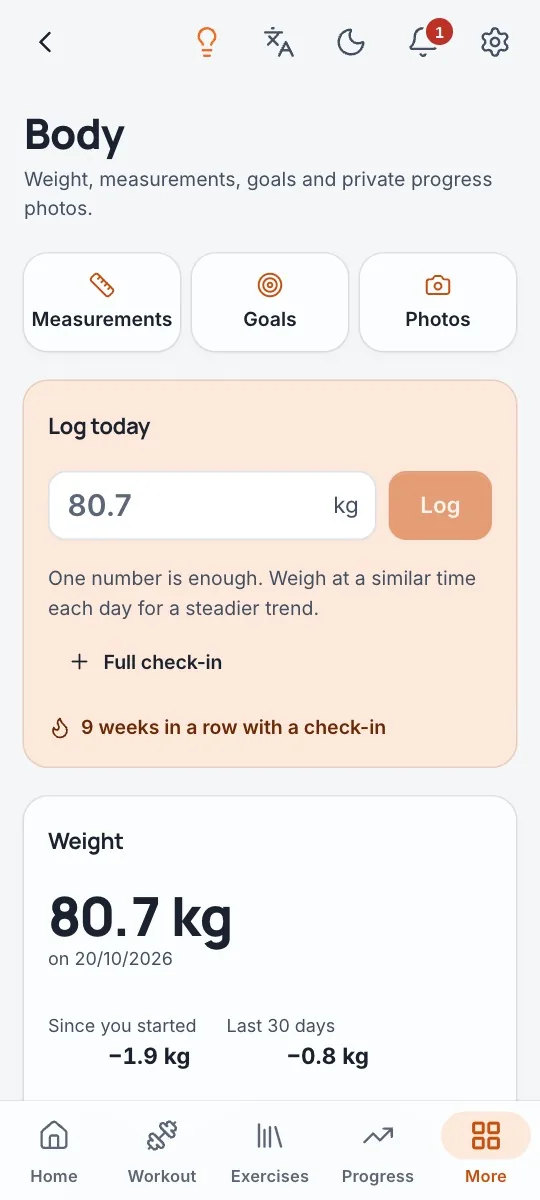 Weight with a trend, measurements, goals and private progress photos.