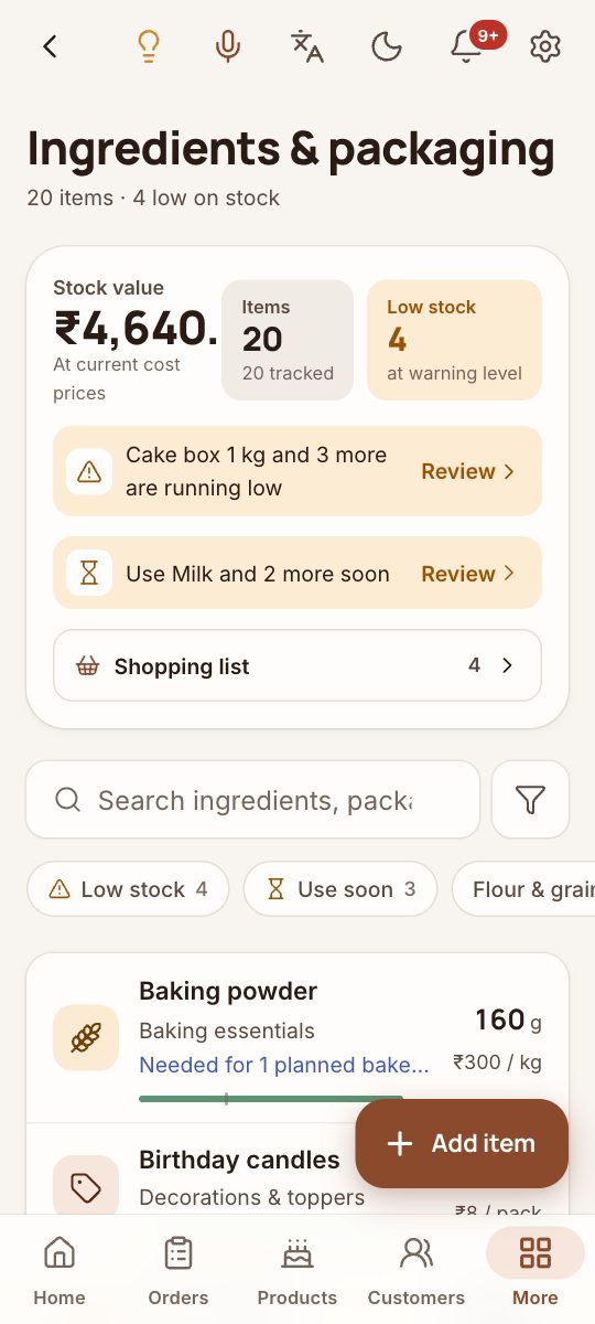 Ingredients and packaging with the stock value, items low on stock, use-by warnings, a shopping list and each item’s cost per kg